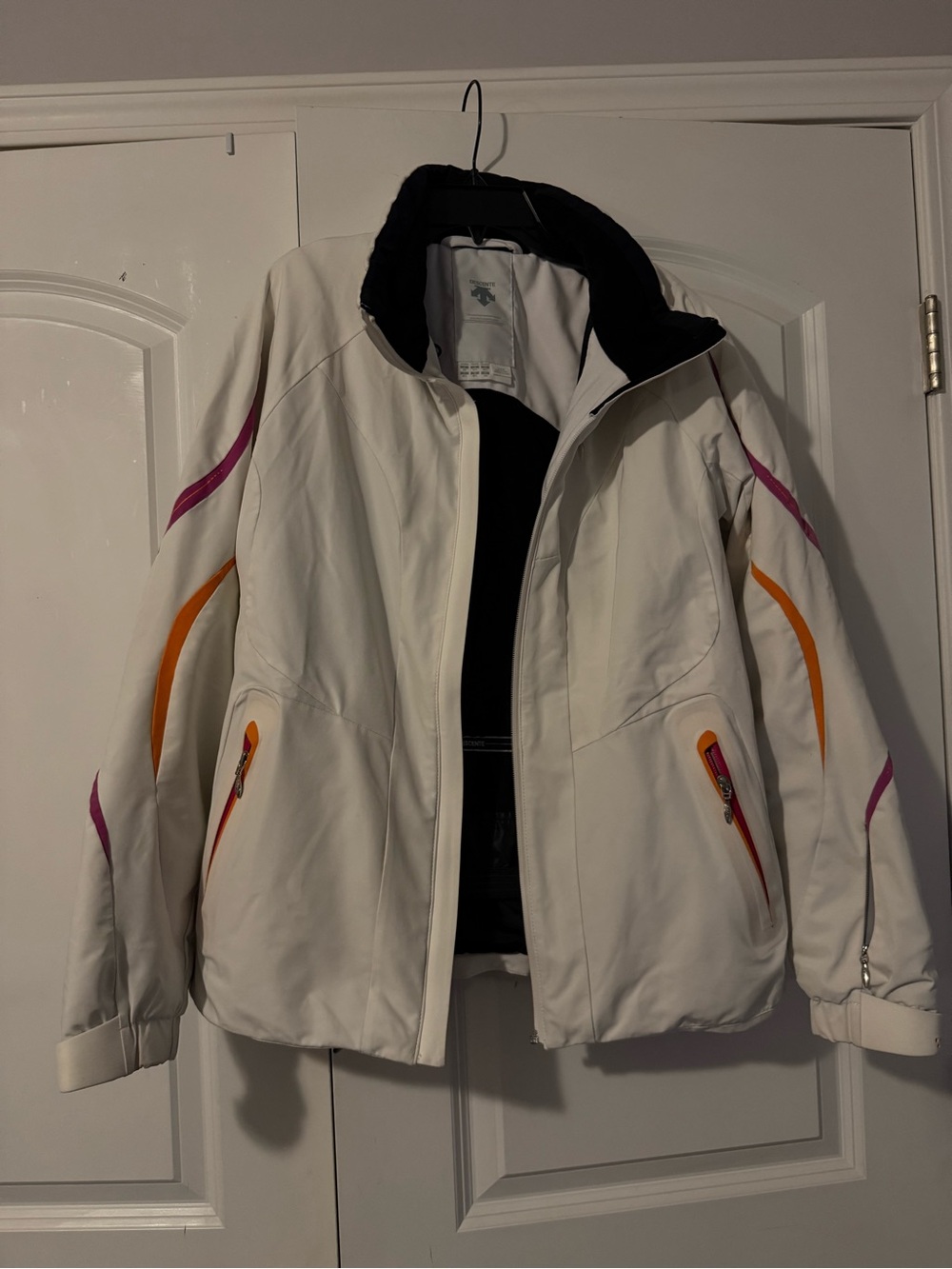 White Women's Softshell Jacket with Pink and Orange Accents (DOESNT HAVE ZIPPER)